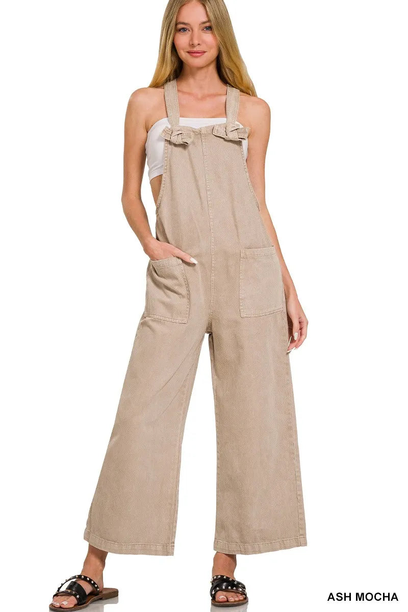 Zenana Ash Mocha Washed Knot Strap Pockets Jumpsuit