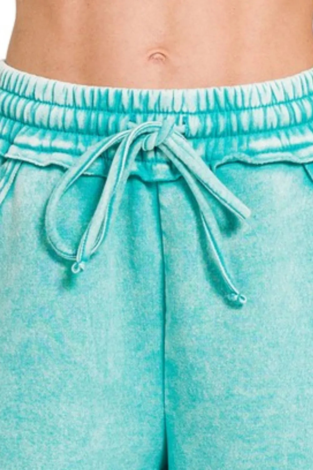 Zenana Turquoise Acid Wash Fleece Drawstring Shorts With Pockets