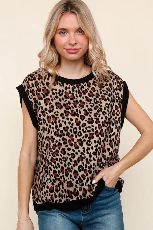Haptics Leopard Print Dolman Cap Sleeve Knit Top Taupe Black