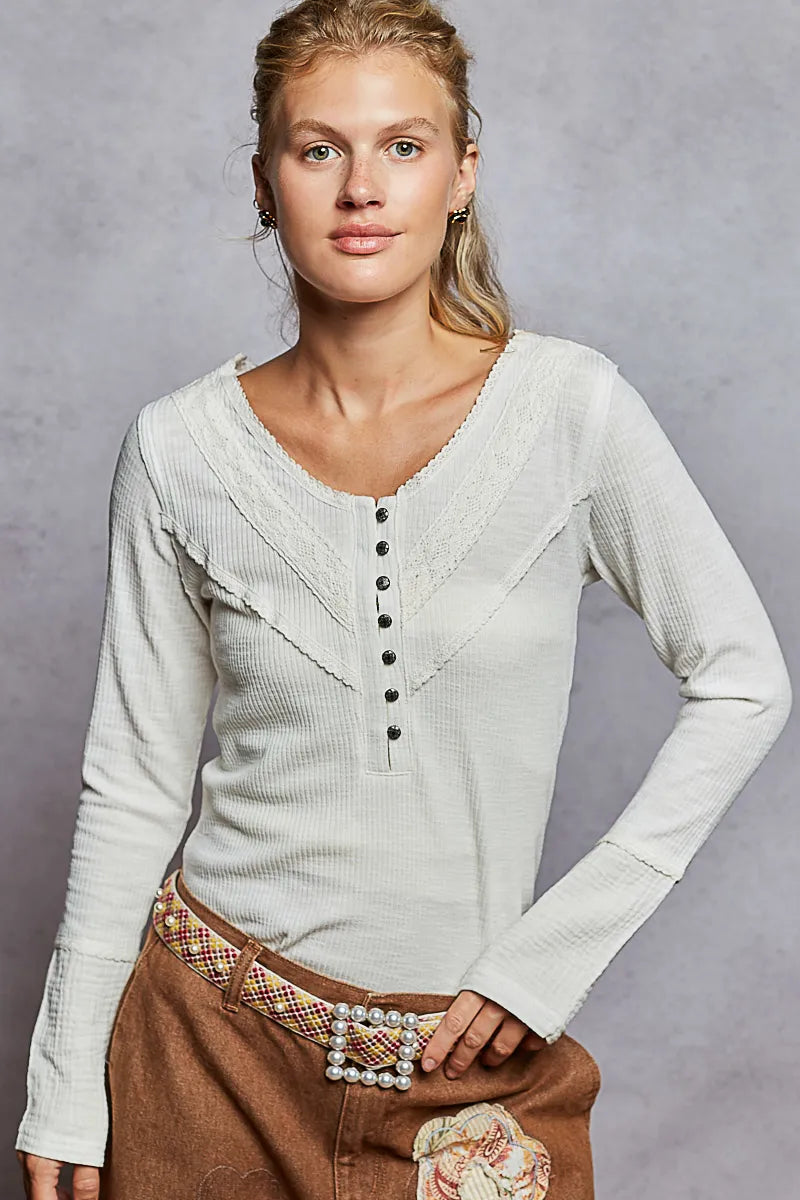 POL Ivory Double Gauze Ribbed Half Button Lace Detail Knit Top Ivory