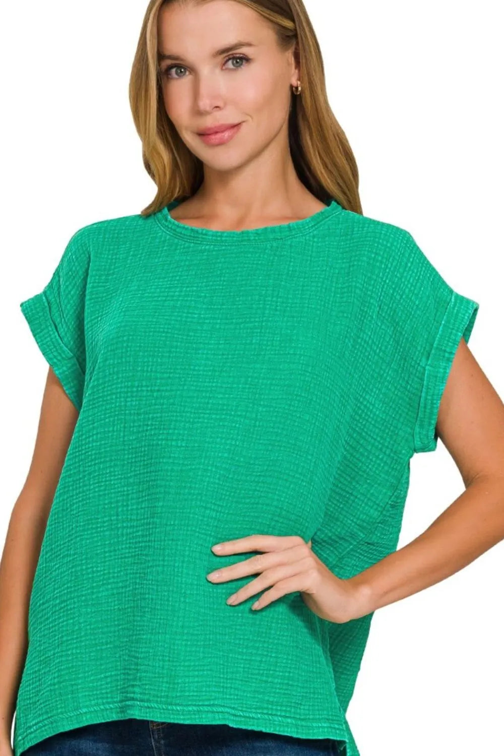Zenana Kelly Green Woven Double Gauze Acid Washed Short Sleeve Top K GREEN