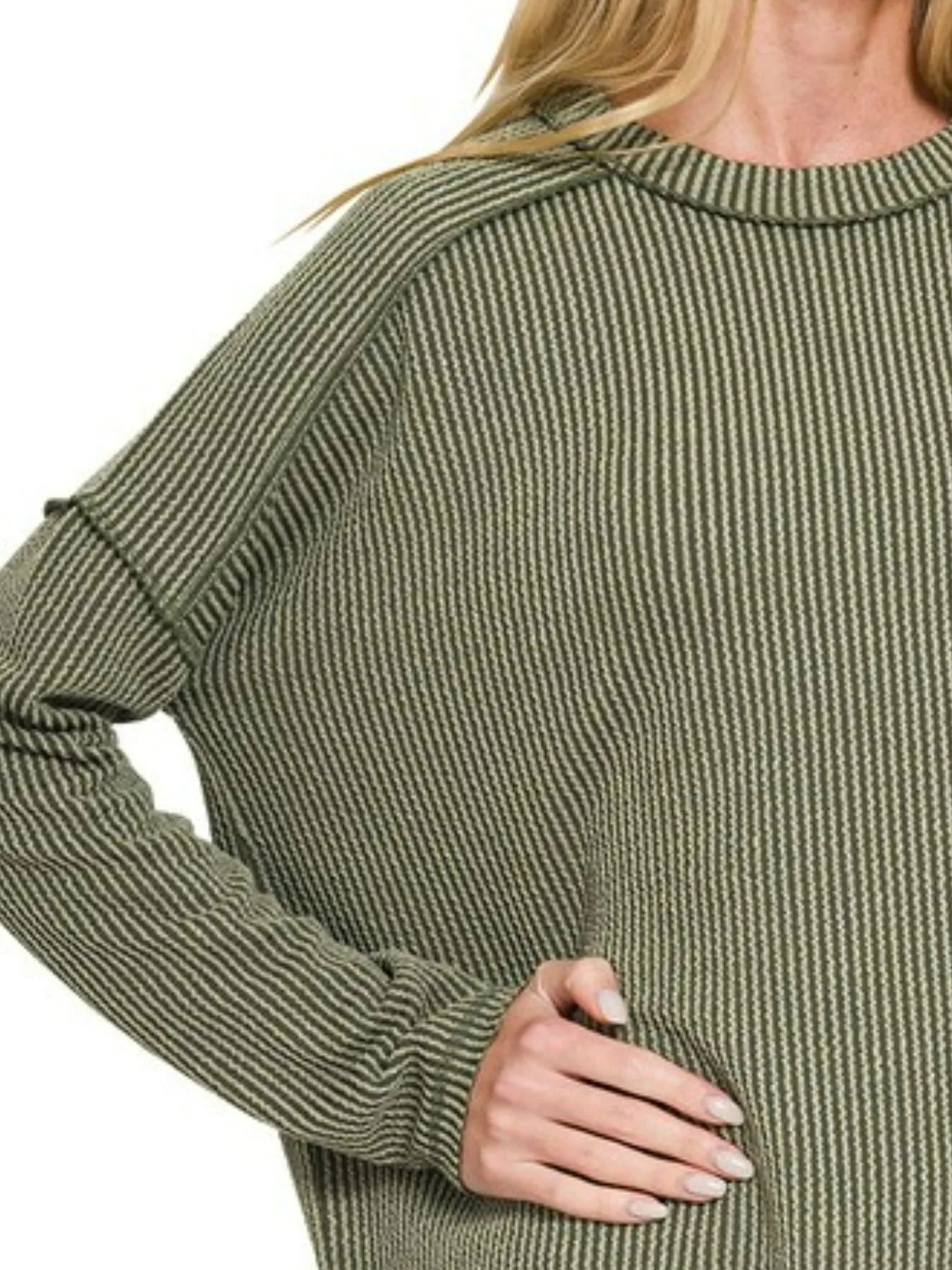 Zenana Dark Olive Exposed Seam Long Sleeve Corded Rib Knit Top
