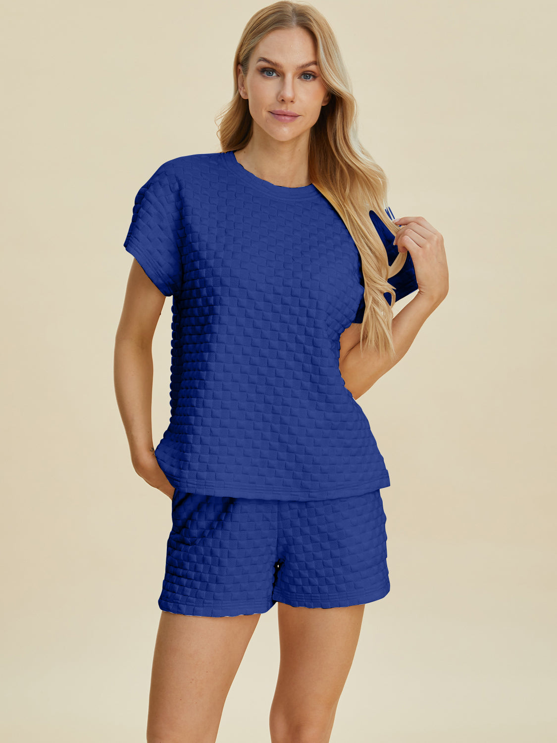 Double Take Textured T-Shirt and Shorts Set Royal Blue Outfits