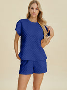 Double Take Textured T-Shirt and Shorts Set Royal Blue Outfits