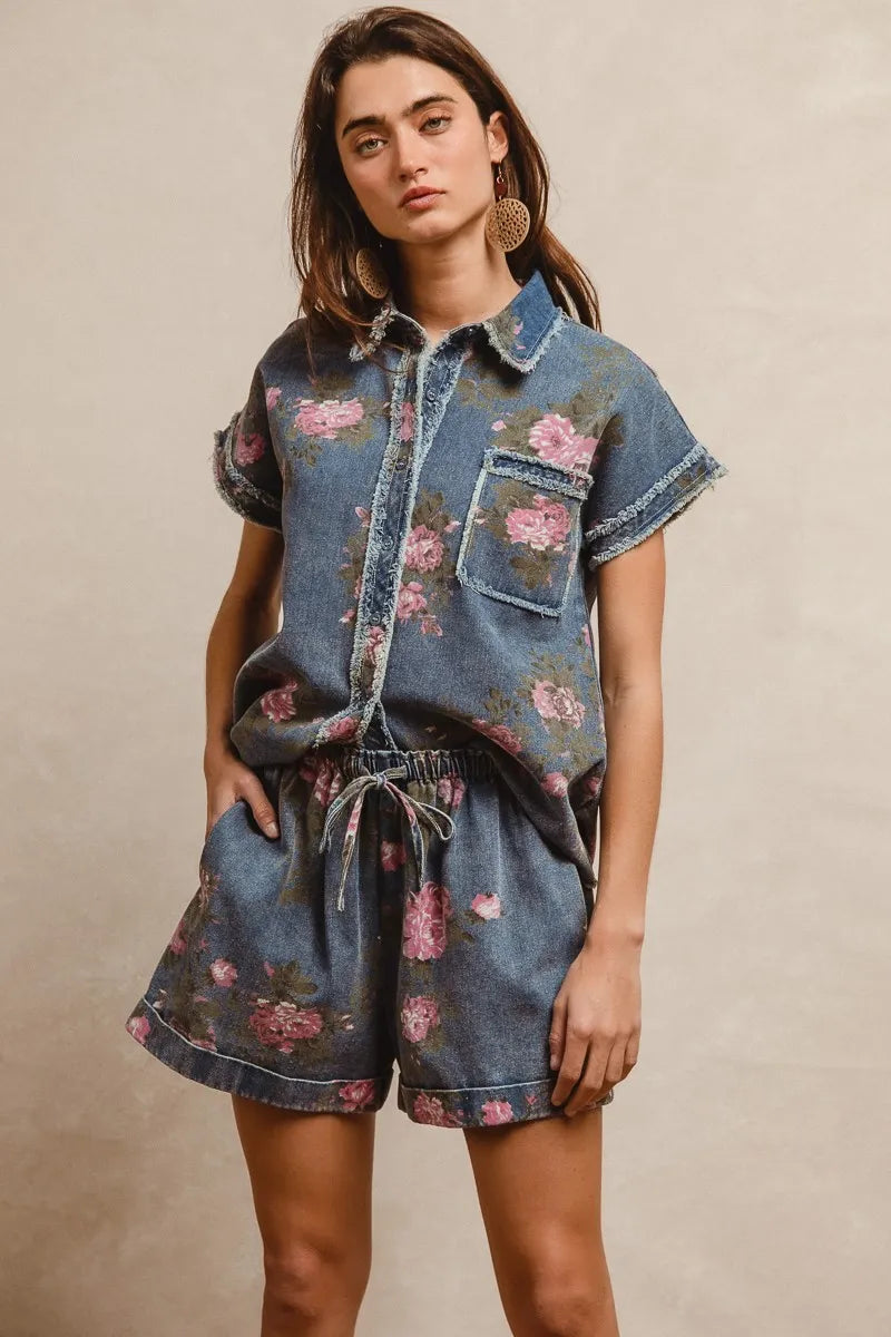 BiBi Floral Printed Denim Short With Pockets