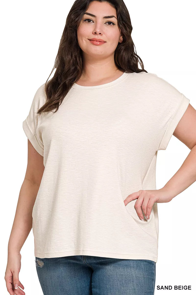 Zenana Sand Beige Cotton Modal Slub Rolled Sleeve T-Shirt
