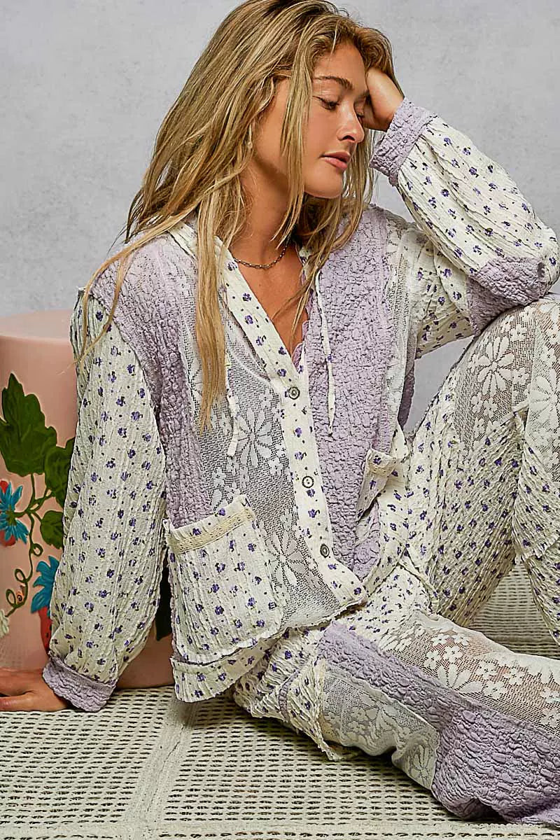 POL Lavender Floral Balloon Sleeve Hooded Lace Jacket with Stitch Detail