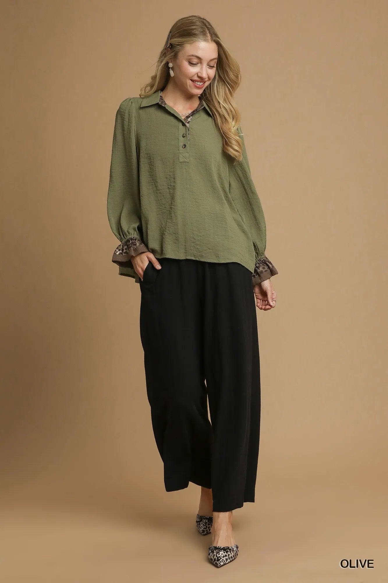 Umgee Olive Half Button Blouse with Leopard Print Trim