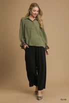 Umgee Olive Half Button Blouse with Leopard Print Trim