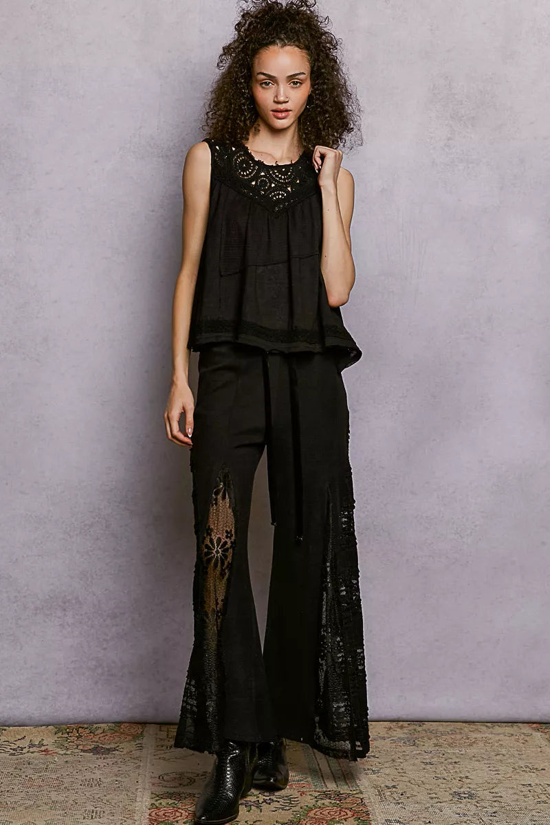 POL Black Round Neck Sleeveless Top with Crochet Contrast