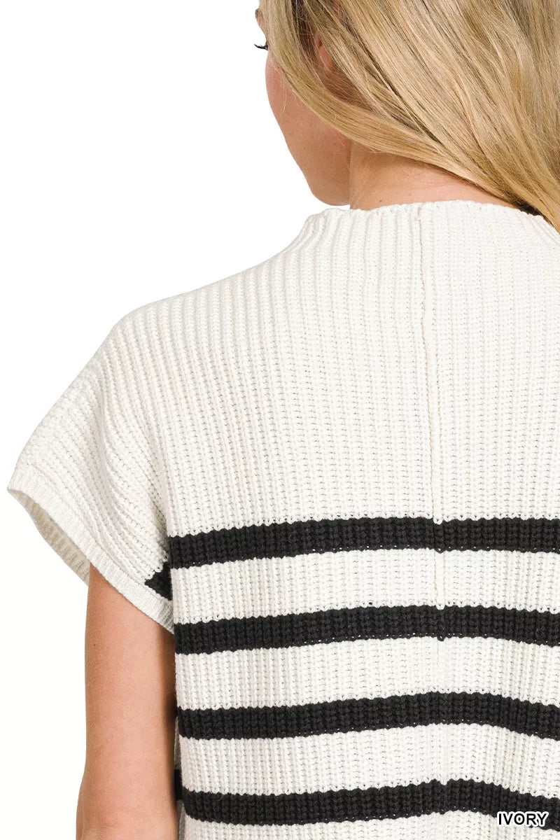 Zenana Ivory & Black Short Sleeve Stripe Sweater