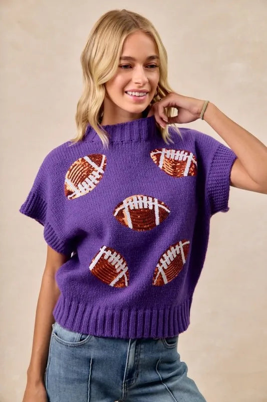 BiBi Purple Game Day Sequin Football Patches Rib Banded Sweater