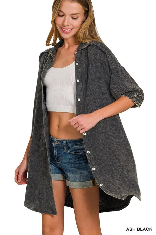 Zenana Ash Black Washed Double Gauze Button Down Shirt Dress