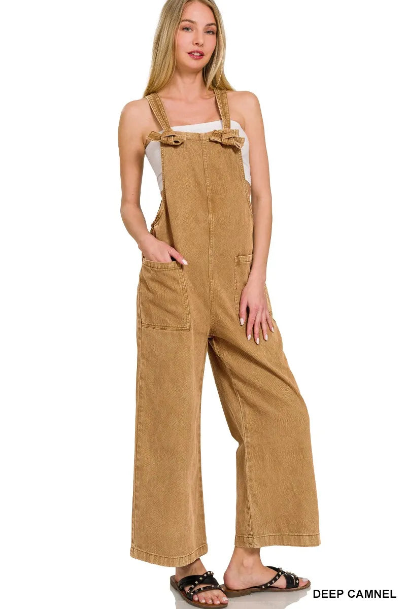 Zenana Deep Camel Washed Knot Strap Pockets Jumpsuit DEEP CAMEL