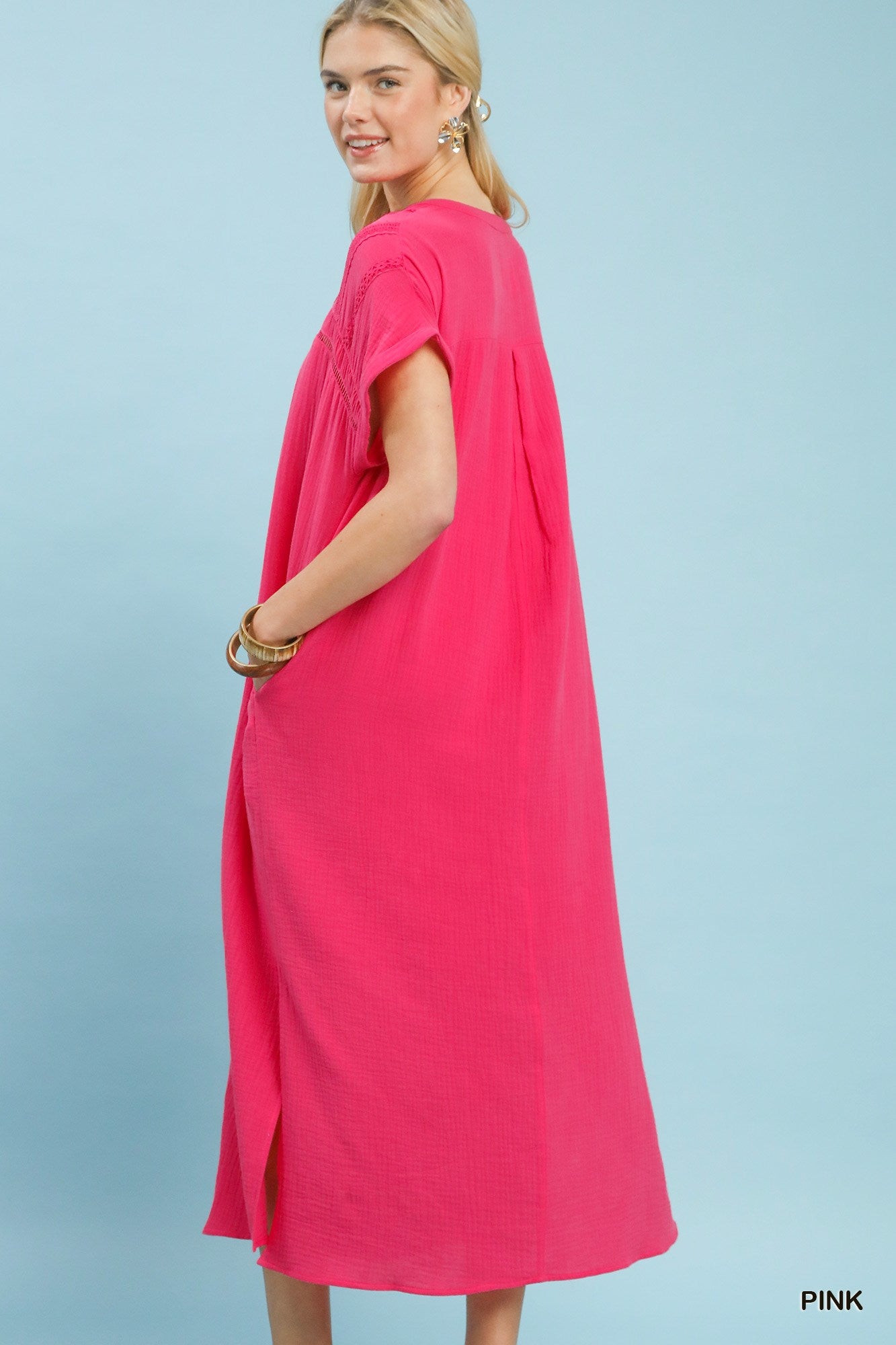 Umgee Pink Button-Front Gauze Midi Dress with Lace Detail
