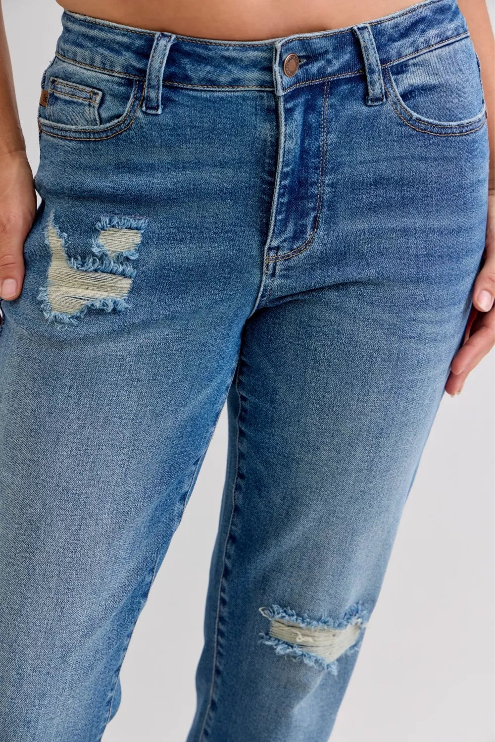 Judy Blue Mid Rise Boyfriend Patch & Repair Destroyed Release Hem Jeans