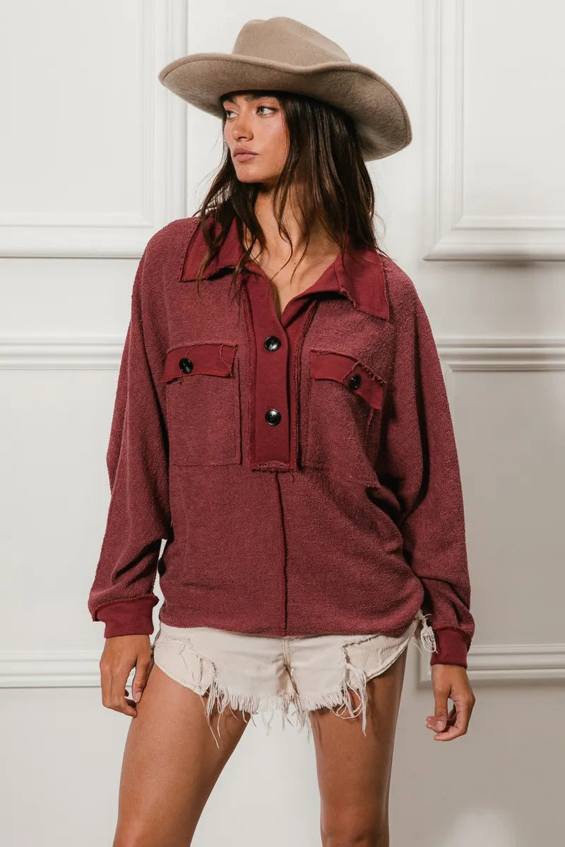 BiBi Marsala French Terry Cut Edge Detail Collared Long Sleeve Top MARSALA
