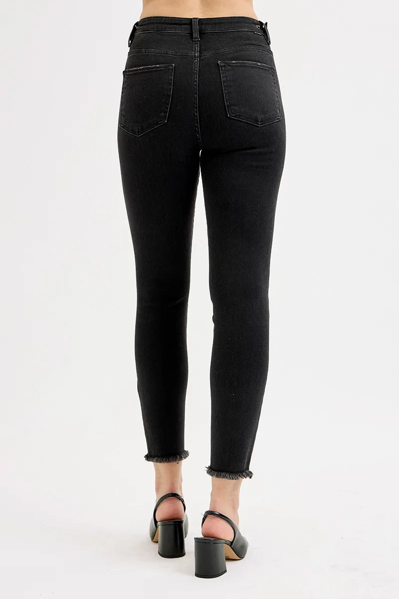 RISEN Black Tummy Control High Rise Waist Raw Hem Skinny Jeans