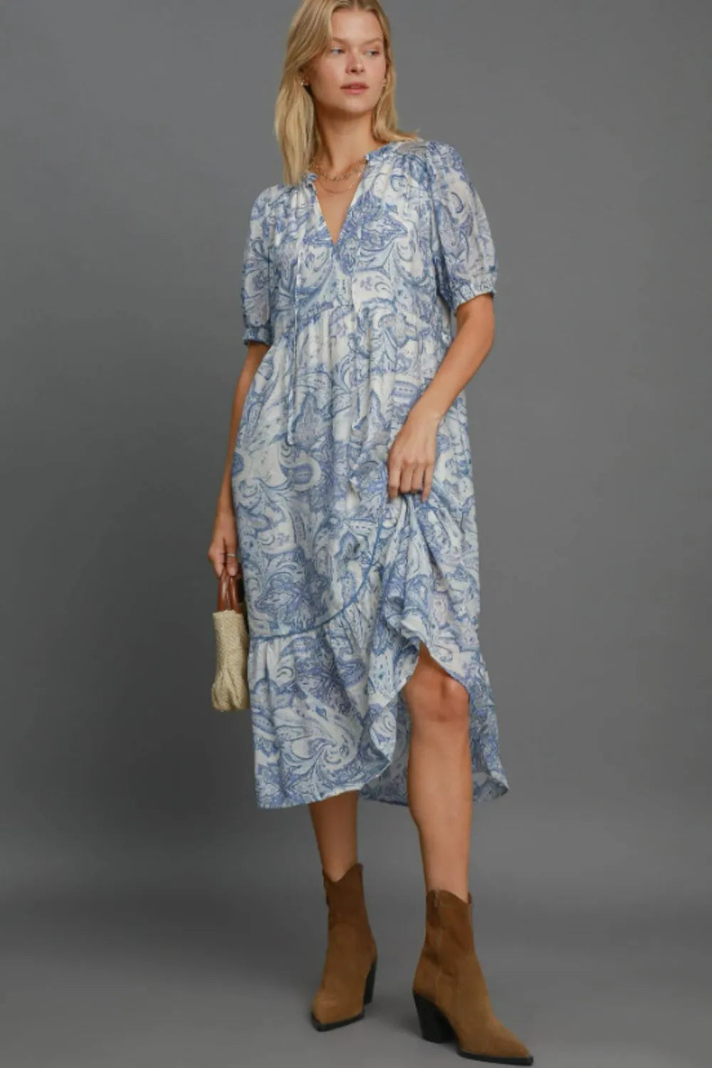 Umgee Printed Puff Short Sleeve Midi Dress BLUE MIX