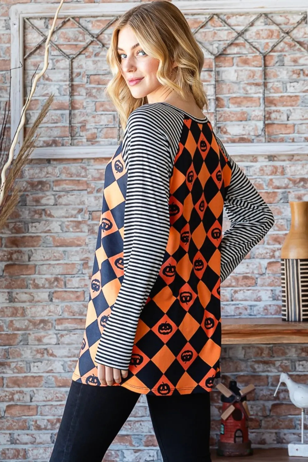 Heimish Pumpkin Checkered Contrast Striped Long Sleeve T-Shirt