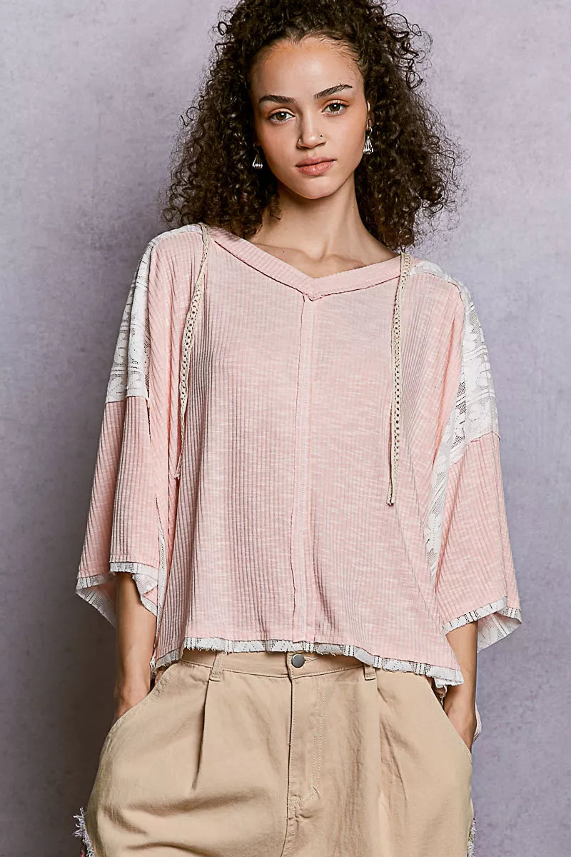 POL Blush Pink Short Sleeve Hoodie Top with Lace Detail BLUSH PINK
