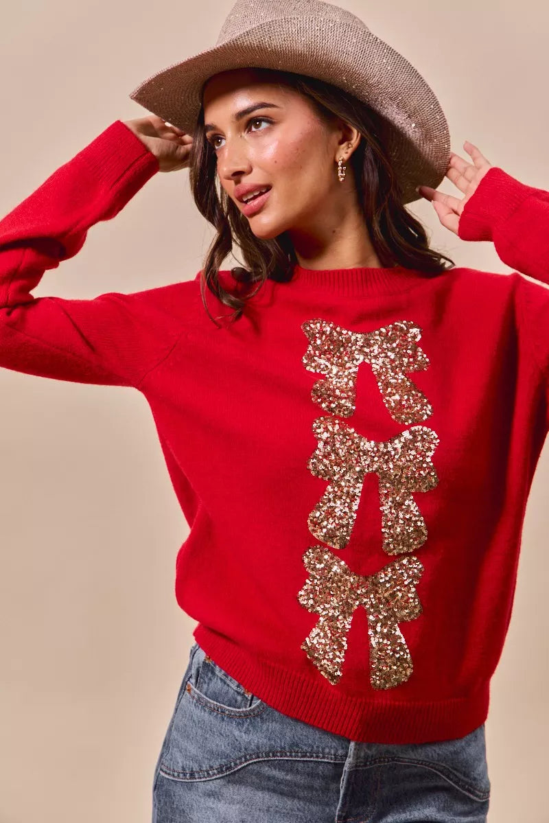 SO ME Red & Gold Sequins Bow Ribbon Embellished Christmas Sweater
