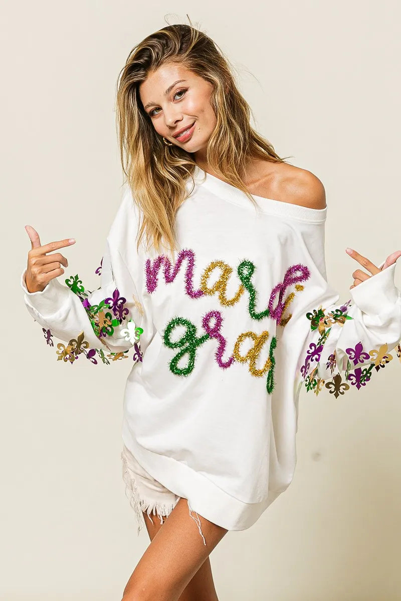 BiBi Off White Fleur De Lis Sleeve Mardi Gras Pullover