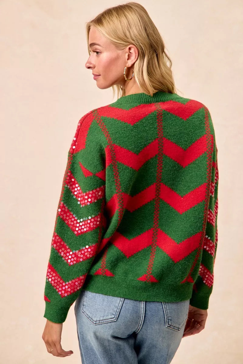 BiBi Hunter Green & Ref Christmas Theme Chevron Sequins Detail Sweater