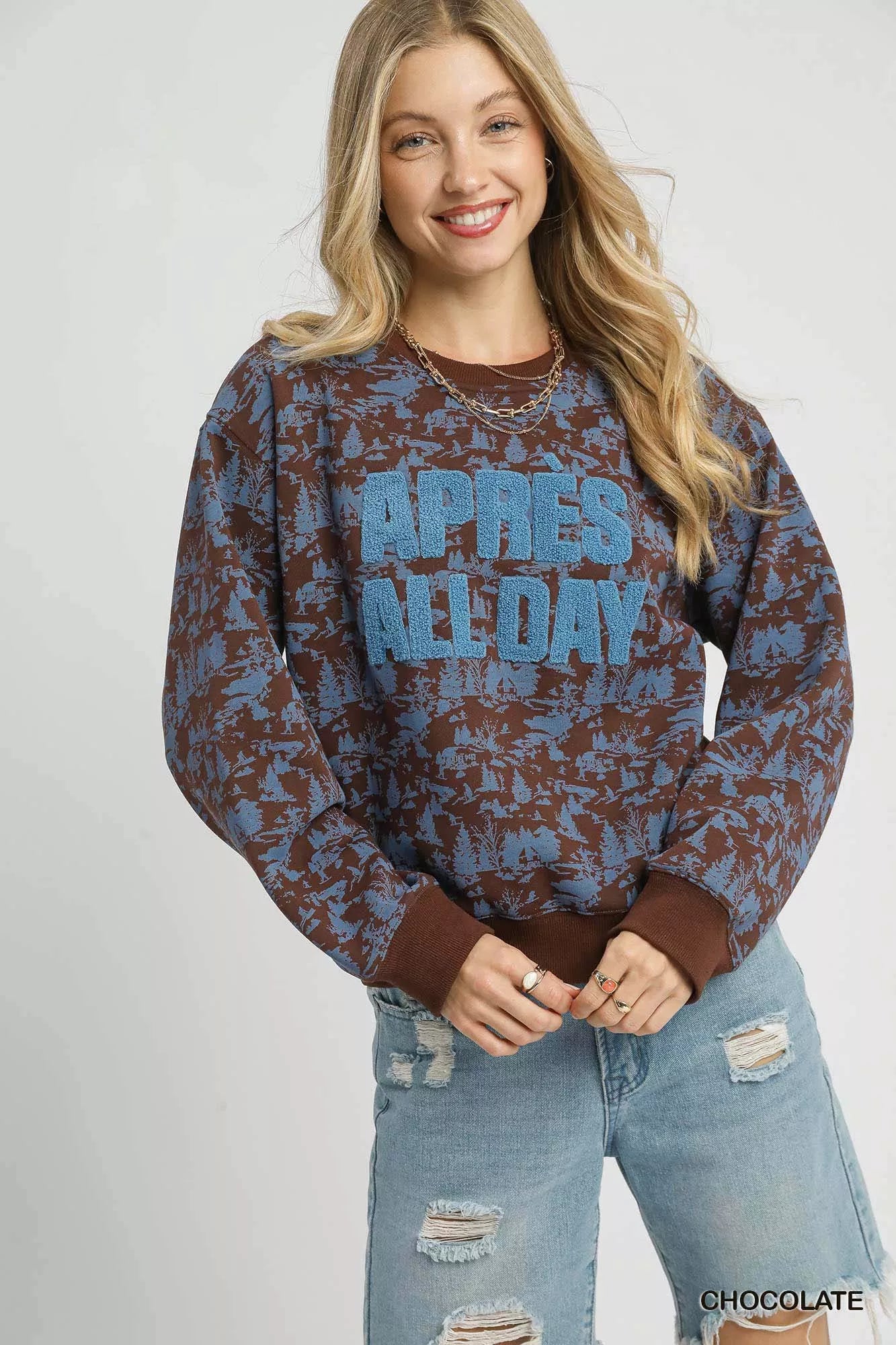Umgee Chocolate Scenic Print "Après All Day" Cropped Sweatshirt Chocolate