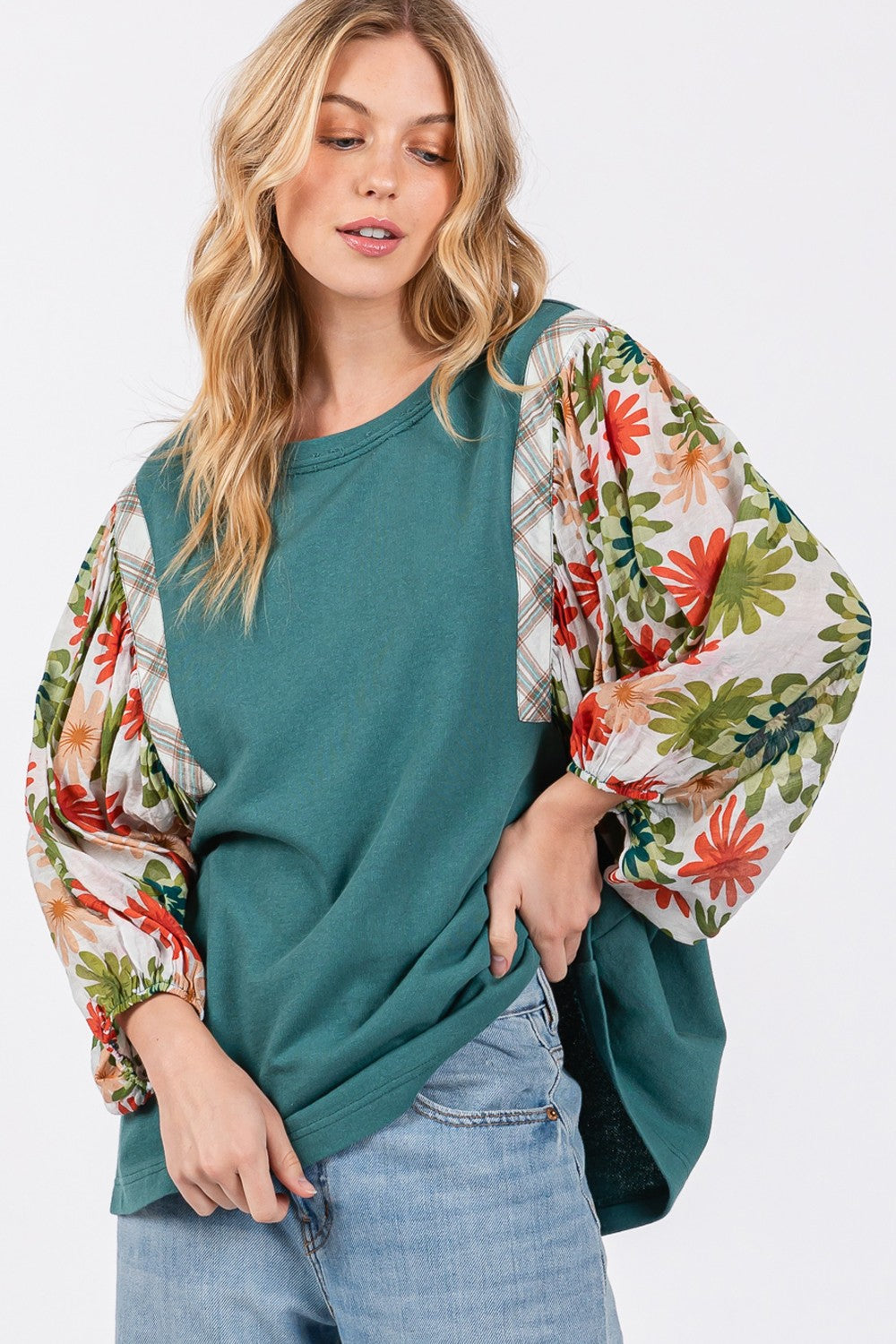 SAGE + FIG Teal Printed Balloon Sleeve Contrast Top Shirts & Tops