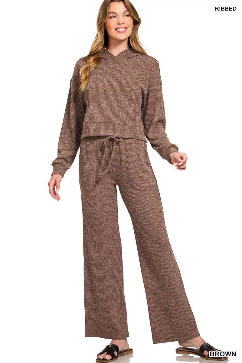 Zenana Brown Ribbed Drawstring Lounge Pants