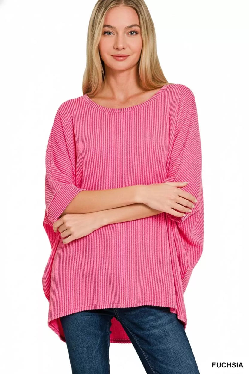 Zenana Fucshia Raised Rib Bat Sleeve Top