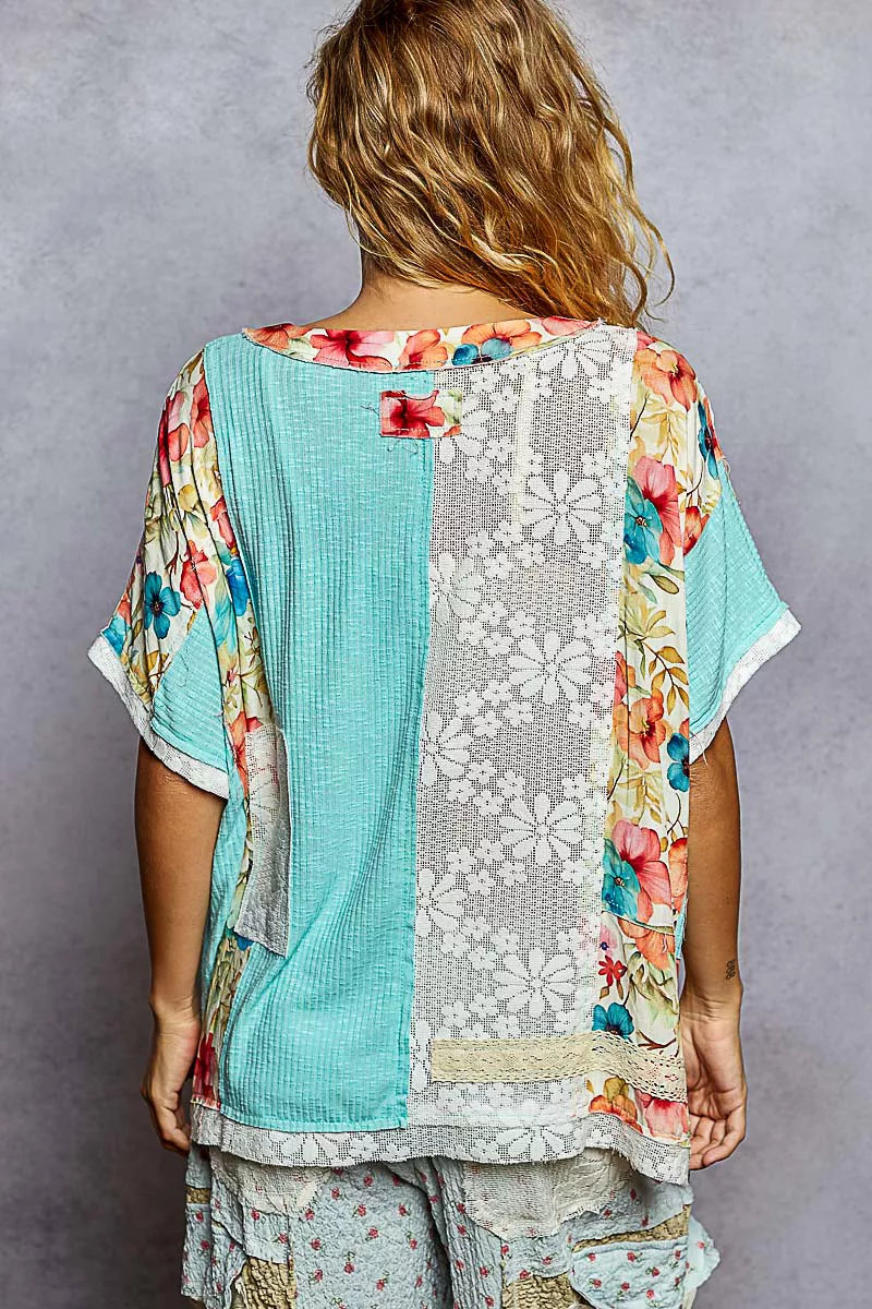POL Aqua Lace Round Neck Short Sleeve Floral Pattern Top with Patch Detail