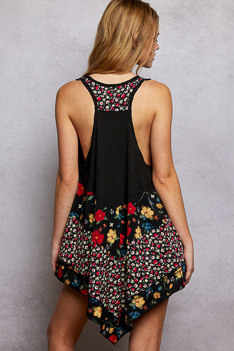 POL Black Round Neck Ribbed Tank with Woven Print Patch