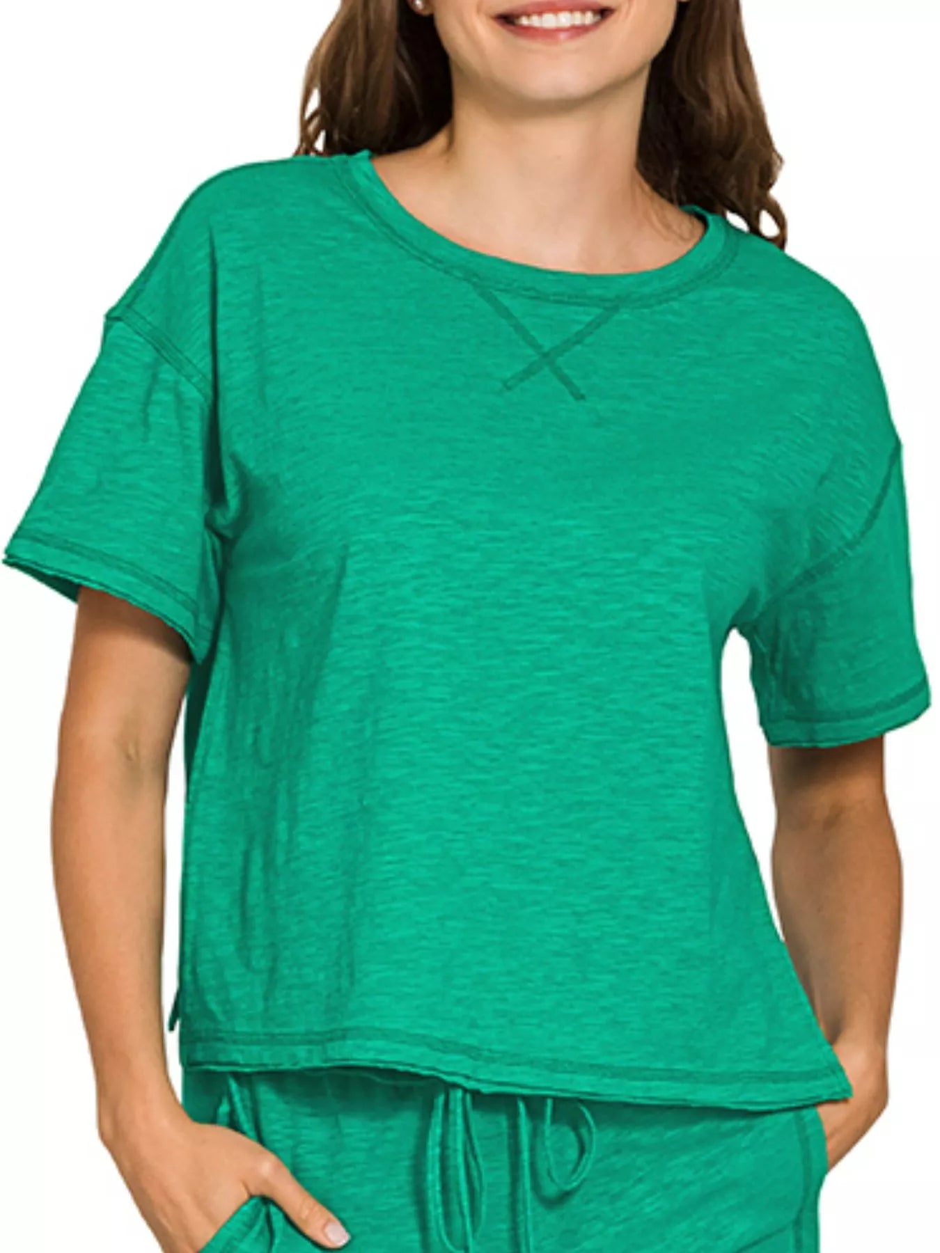 Zenana Kelly Green Cotton Slub Short Sleeve Tee and Pants Set