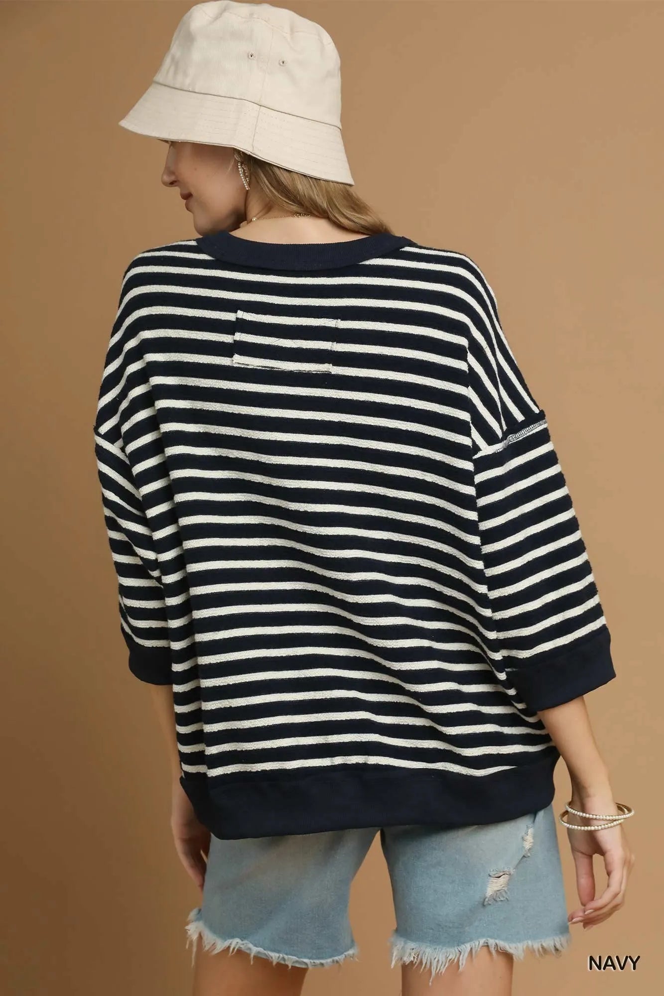 Umgee Navy Ribbed Hem Striped Oversized Knit Top