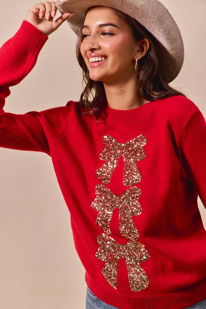 SO ME Red & Gold Sequins Bow Ribbon Embellished Christmas Sweater