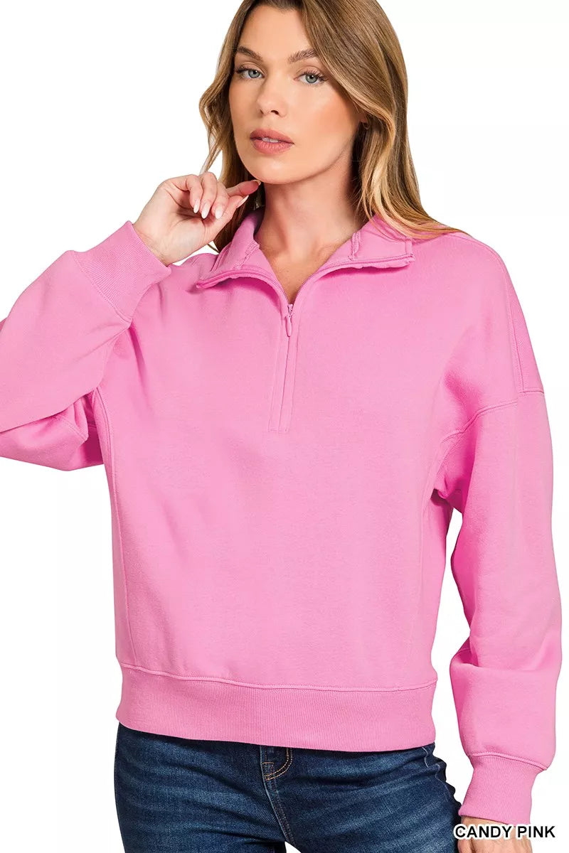 Zenana Candy Pink Fleece High Neck Half Zip Sweatshirt