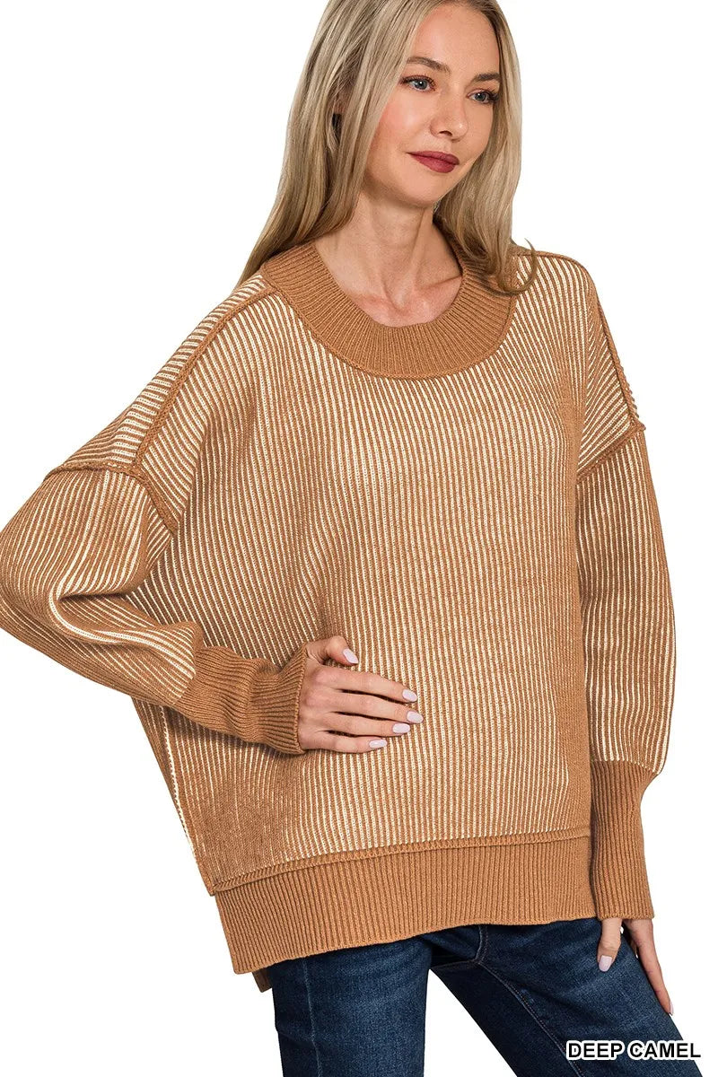 Zenana Deep Camel Exposed Seam Two Tone Ribbed Sweater DEEP CAMEL