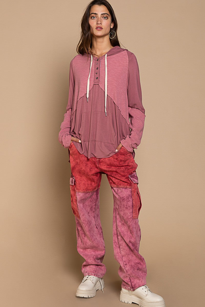 POL Rosewood Oversized Hooded Henley Long Sleeve Top Shirts & Tops