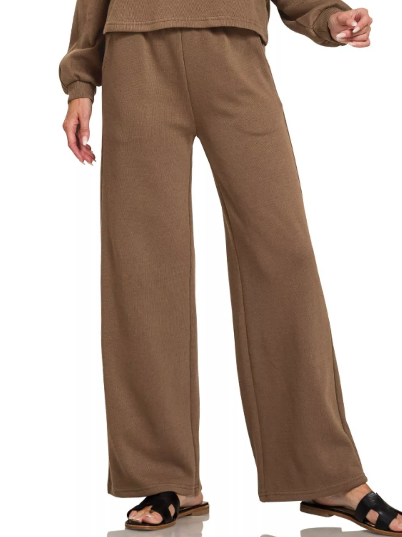 Zenana Brown French Rib Pullover and Pants Set