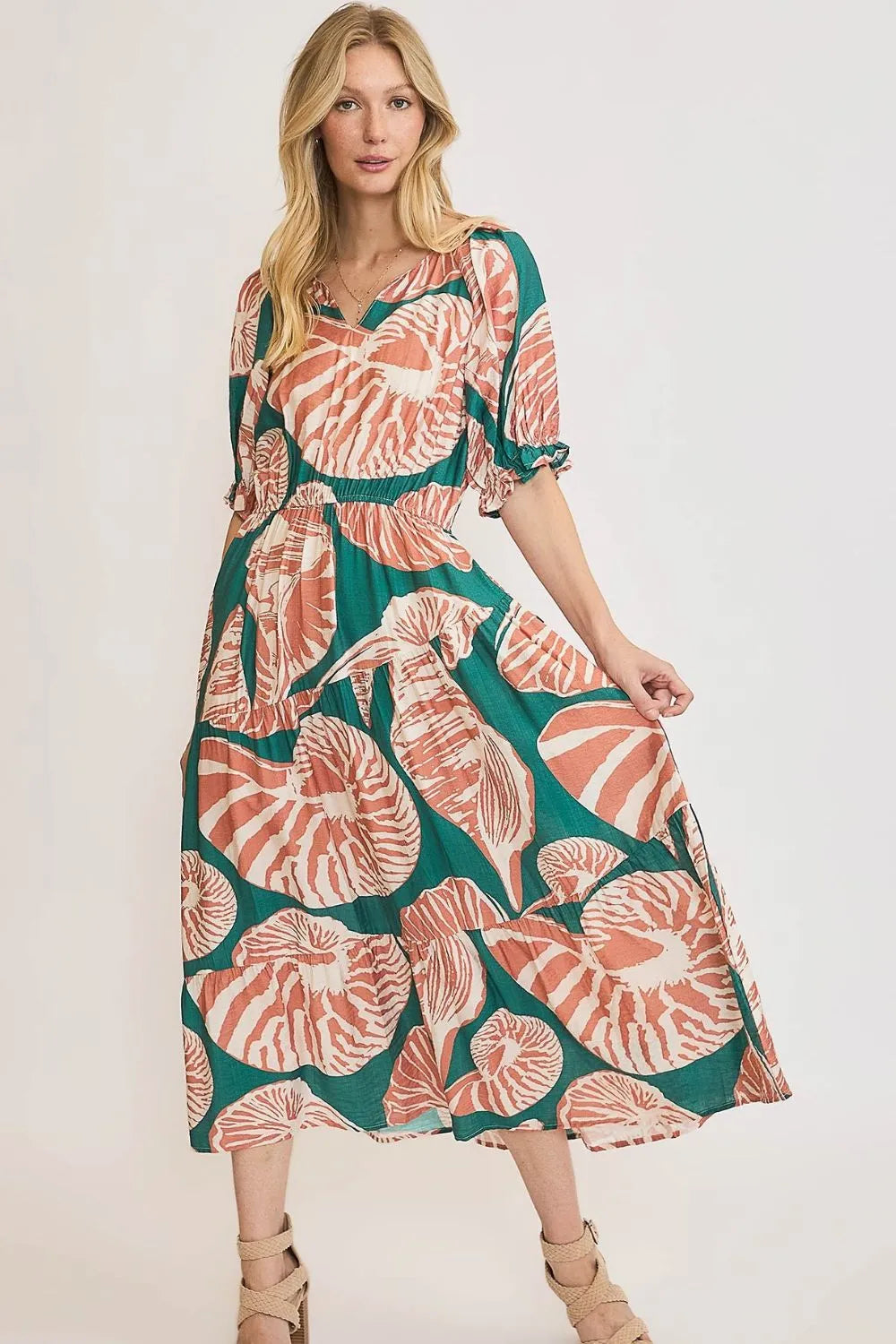 Umgee Green & Clay Printed Notched Puff Sleeve Midi Dress GREEN CLAY