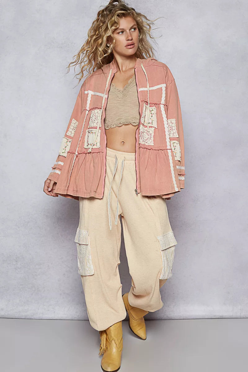 POL Dusty Pink Embroidered Patch Hooded Jacket with Lace Detail