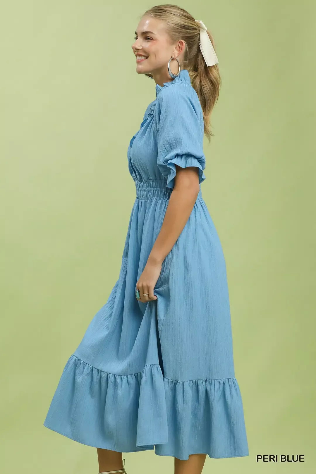 Umgee Peri Blue Ruffle V-Neck Midi Dress