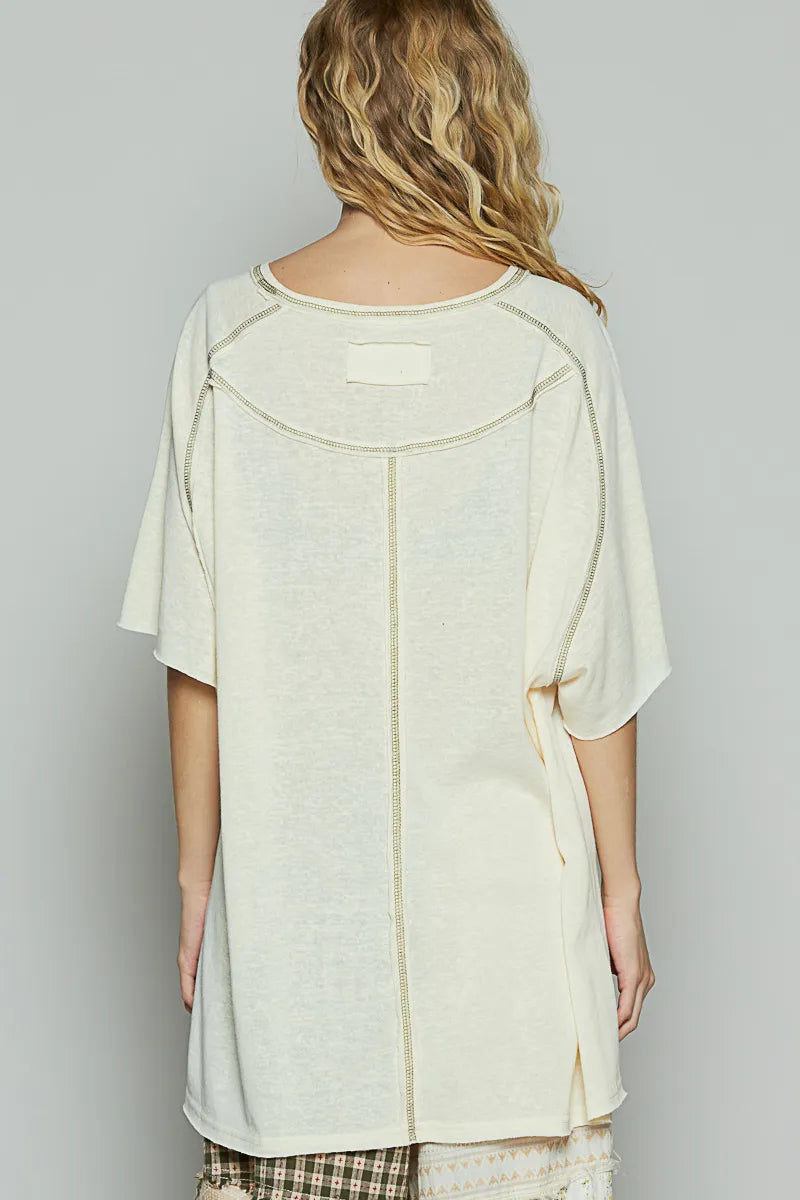 POL Custard Contrast Stitching Jersey Knit Short Sleeve Oversized T-Shirt