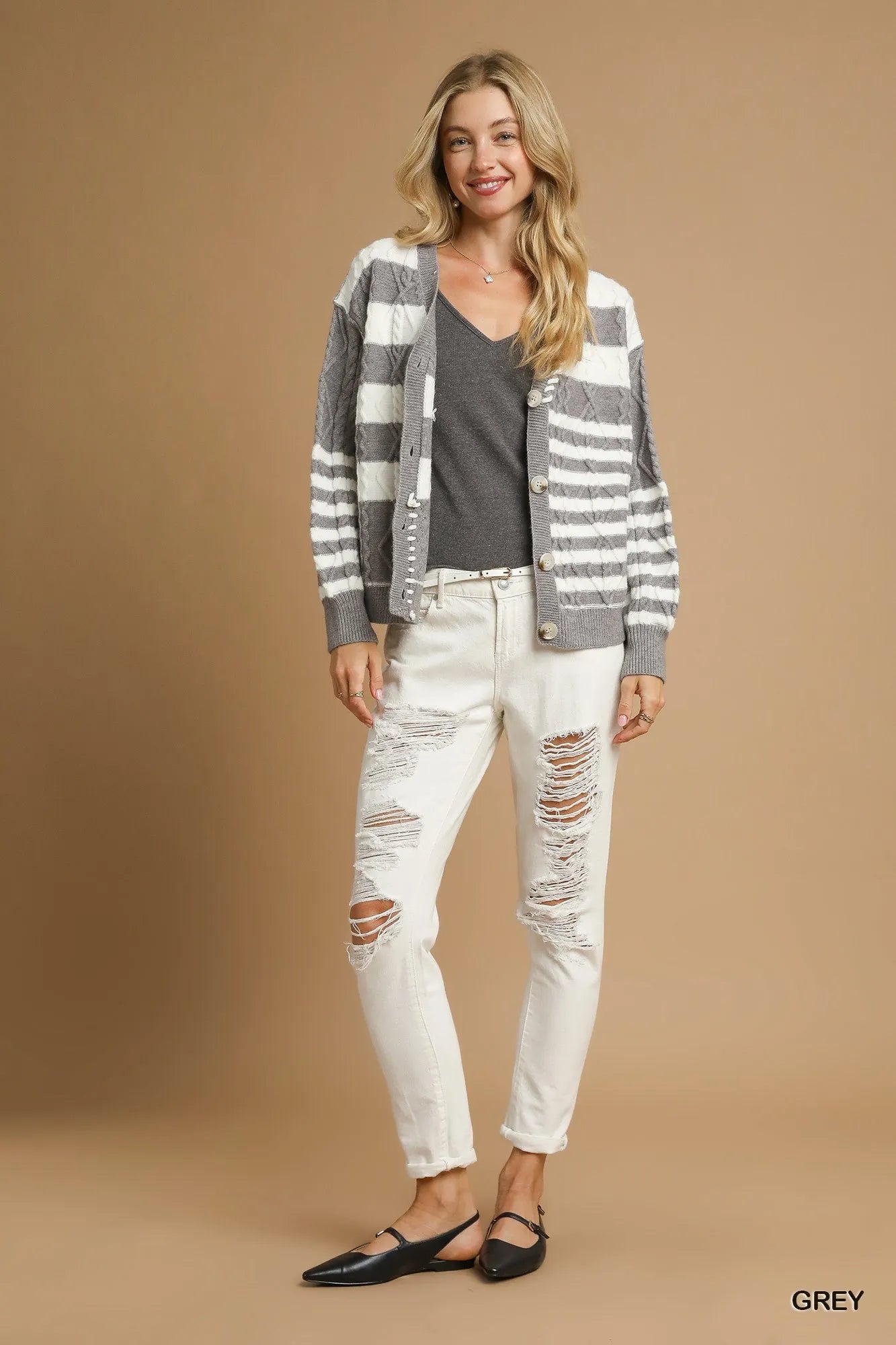 Umgee Grey Cable-Knit Stripe Button-Up Cardigan