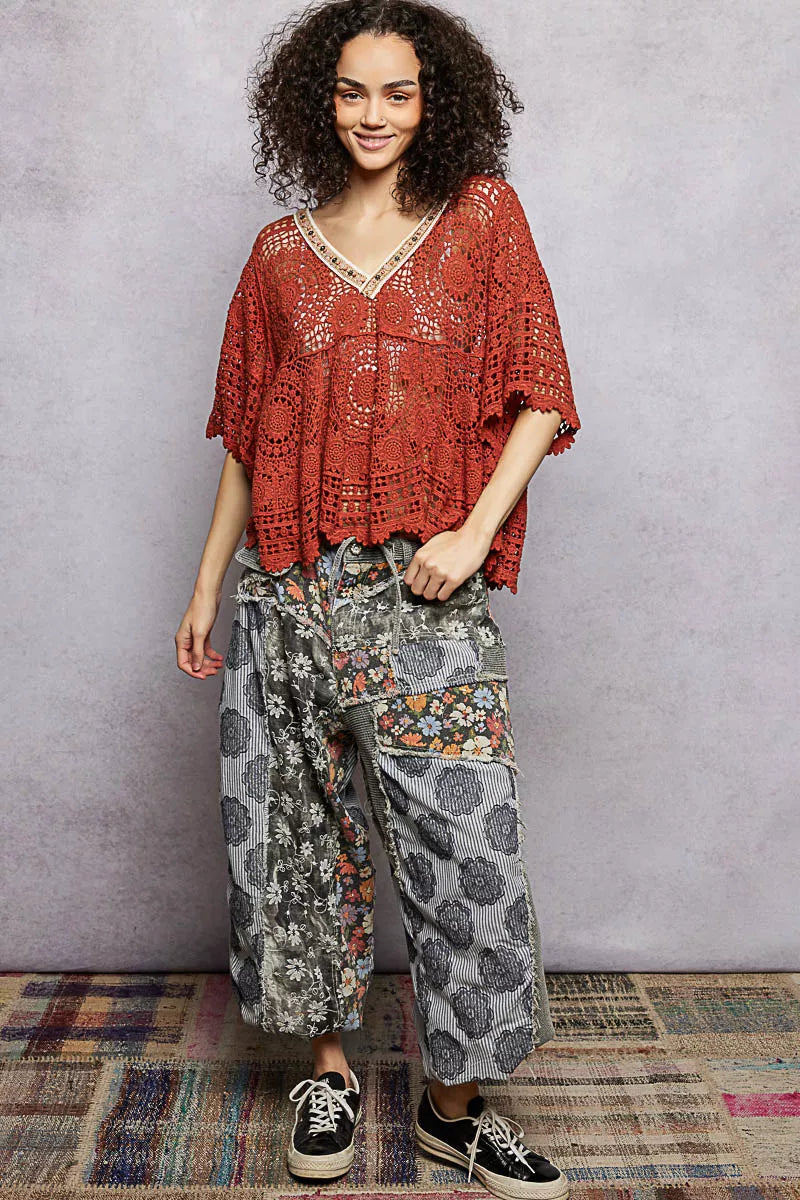 POL Ginger V-Neck Crochet Top with Scalloped Hem