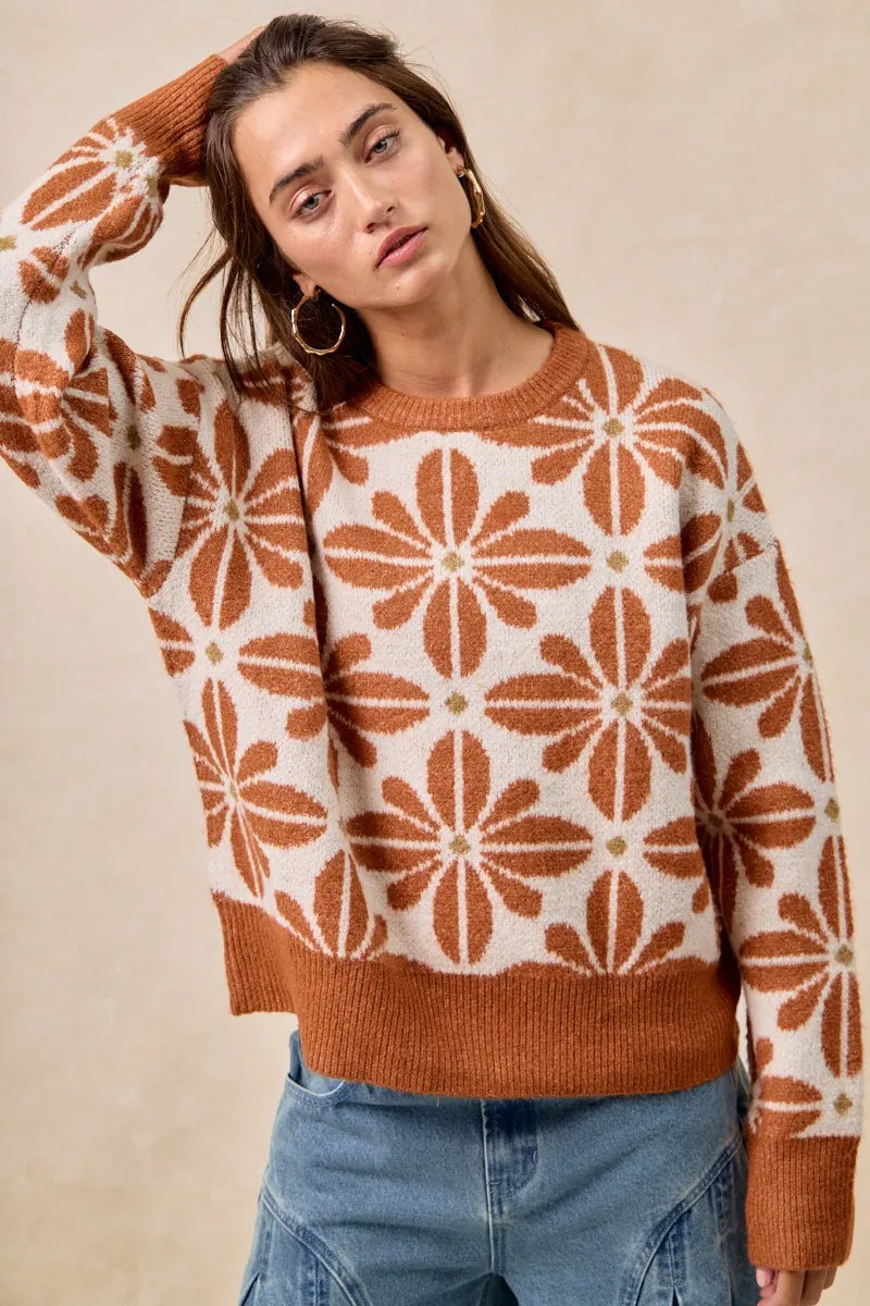 BiBi Rust & Ivory Flower Pattern Long Sleeve Sweater
