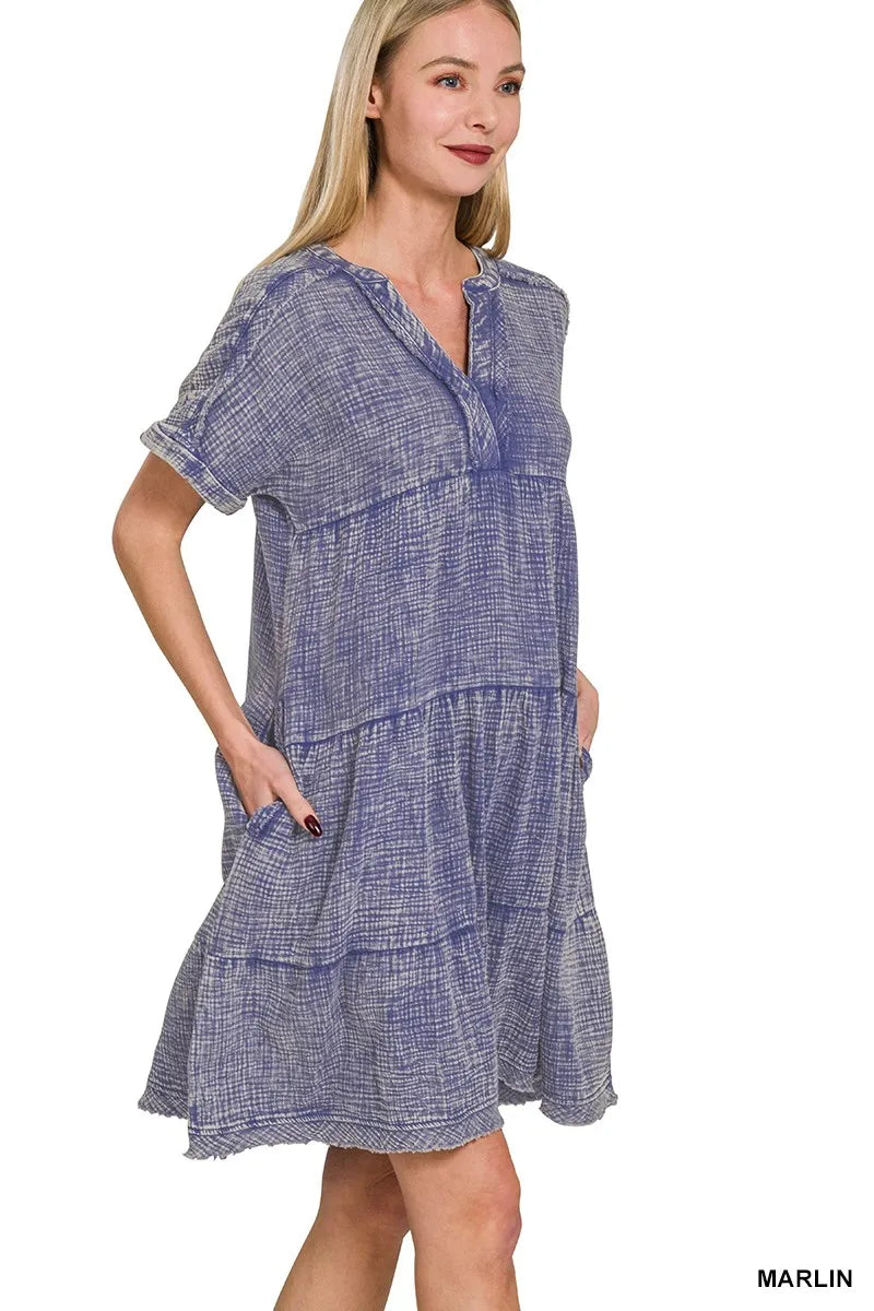 Zenana Ash Black Washed Double Gauze Raw Edge V-neck Dress