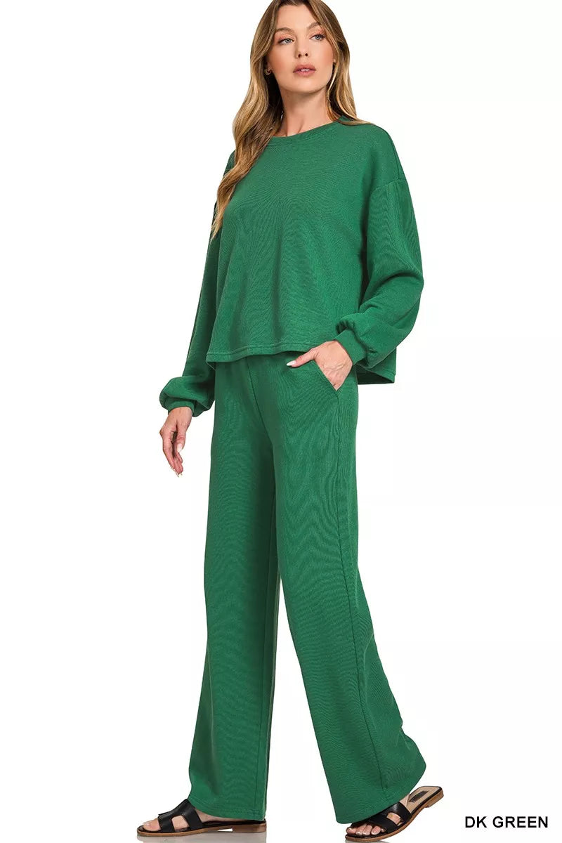 Zenana Dark Green French Rib Pullover and Pants Set